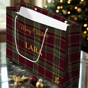 Klassischer Burgunder- und Grün-Tartan-Karo-Weihna Große Geschenktüte