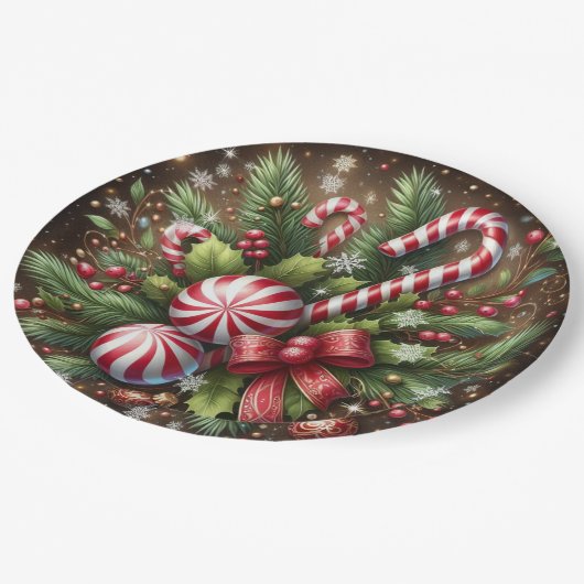 Klassischer Candy Cane/Pfefferminz Weihnachtsgrün Pappteller (Schrägansicht)