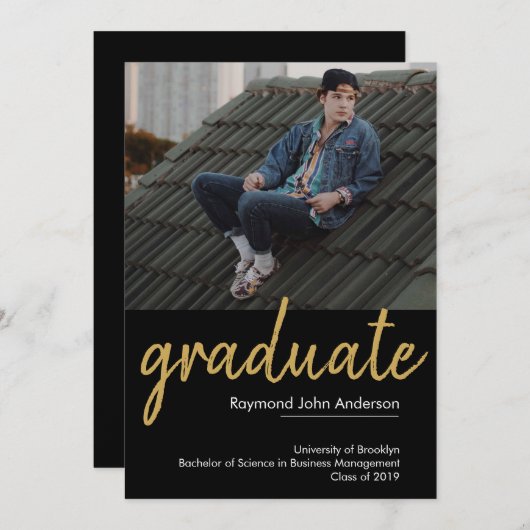 Klassischer Chic Black Gold Graduate Script Abschl Ankündigung (Vorne/Hinten)