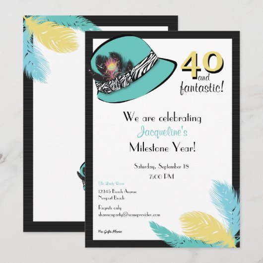 Klassischer Chic-Hut mit Federn Einladung (Vorne/Hinten)