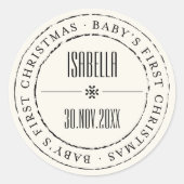 Klassischer Circle Stamps Baby's First Christmas Runder Aufkleber (Vorderseite)