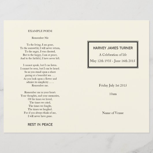 Klassischer Cremeorden des Beerdigungsprogramms (Vorderseite)