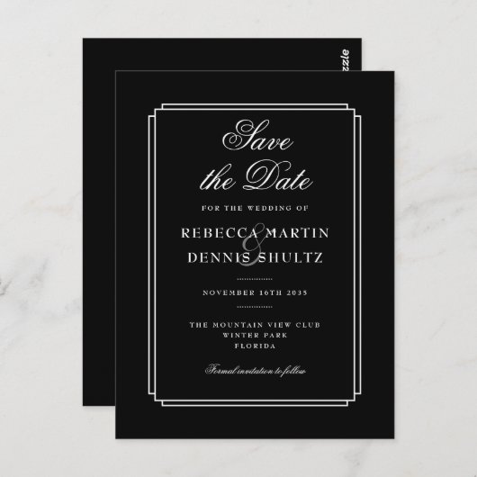 Klassischer Deko | Schwarzweiß Save the Date Postkarte (Vorne/Hinten)