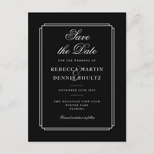 Klassischer Deko | Schwarzweiß Save the Date Postkarte (Vorderseite)