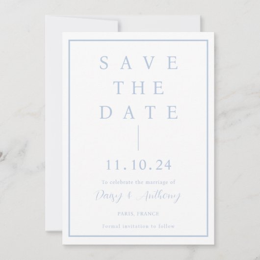 Klassischer Dusty Blue Border | Einfaches Elegant Save The Date (Vorderseite)