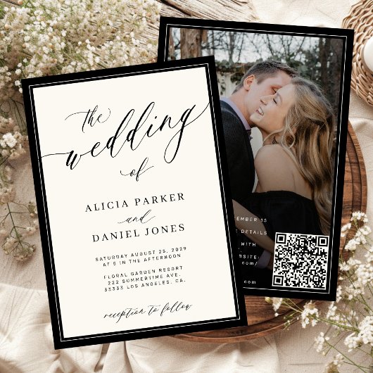 Klassischer eleganter Skript-QR-Code-Foto-Hochzeit Einladung