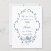 Klassischer Eleganter Staubblauer Blumenrahmen Hoc Save The Date (Vorderseite)