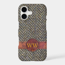 Klassischer Fischgrät-Tweed und Leder-Monogramm