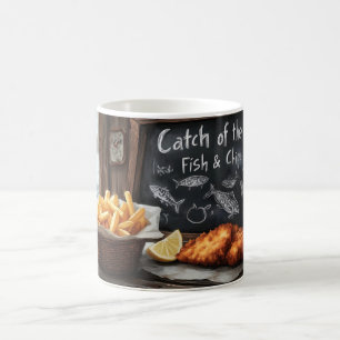 Klassischer Fish and Chips mit Tafelillustration Kaffeetasse