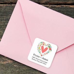 Klassischer Floraler Herz Kranz Rücksendeadresse Quadratischer Aufkleber