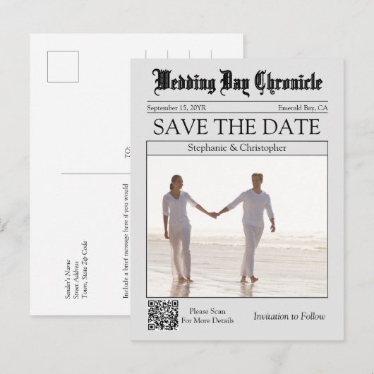 Klassischer Foto-QR-Code-Zeitung Save-the-Date Postkarte (Vorne/Hinten)