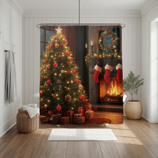 Klassischer gemütlicher Kamin & Weihnachtsbaum Duschvorhang