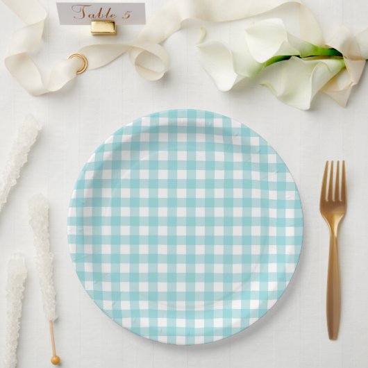 Klassischer Gingham Karo Kariertes Muster Blau Pappteller (Hochzeit)
