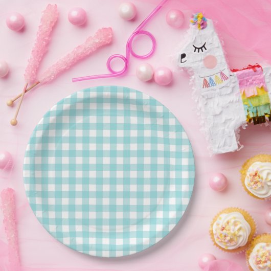 Klassischer Gingham Karo Kariertes Muster Blau Pappteller (Party)