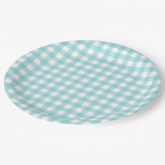 Klassischer Gingham Karo Kariertes Muster Blau Pappteller (Schrägansicht)