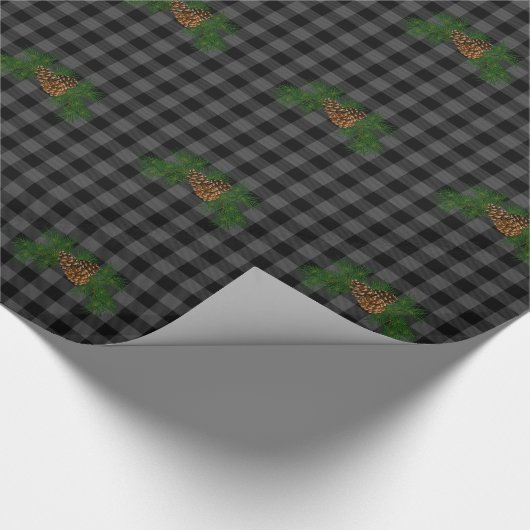 Klassischer, grau-schwarzer karierter Kiefernzapfe Geschenkpapier (Ecke)