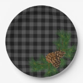Klassischer, grau-schwarzer karierter Kiefernzapfe Pappteller (Vorderseite)