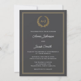 Klassischer grauer Lorbeerkranz-Monogramm-Elegante Einladung