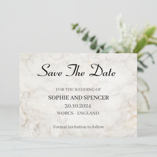 Klassischer grauer Marmor Save the Date (Stehend Vorderseite)