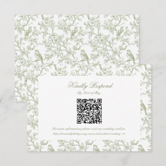 Klassischer grüner Blumen- und Vogeldomino-QR-Code RSVP Karte (Vorne/Hinten)