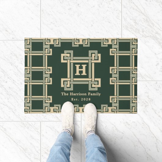 Klassischer Grüner Griechischer Schlüssel Monogram Fußmatte (Indoor)
