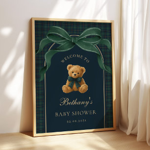 Klassischer grüner Karo-Teddybär-Baby-Shower-Willk Poster