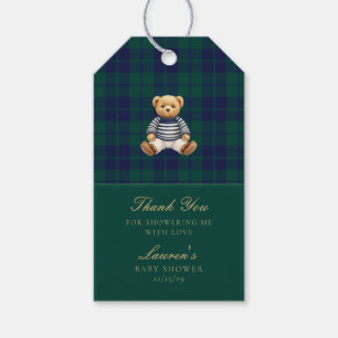 Klassischer grüner Navy-Karobär-Babyshower  Geschenkanhänger