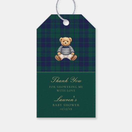 Klassischer grüner Navy-Karobär-Babyshower Geschenkanhänger (Vorderseite)