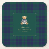 Klassischer grüner Navy-Karobär-Babyshower Rechteckiger Pappuntersetzer (Vorderseite)