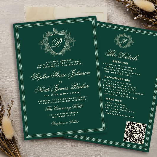 Klassischer grüner QR-Code formaler Monogramm-Hoch Einladung