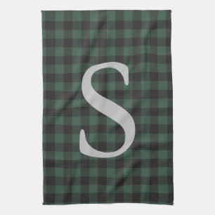 Klassischer grüner schwarzer Tartan-Karo-Monogramm Geschirrtuch