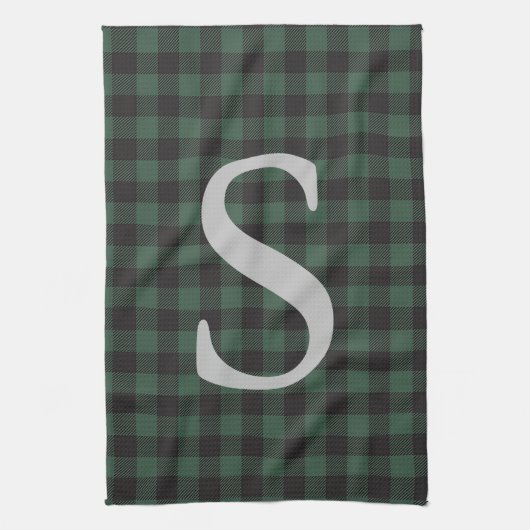 Klassischer grüner Tartan Kariert Mit Monogramm Geschirrtuch (Vertikal)