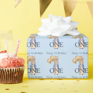 Klassischer Hase Goldene Ballons Erster Geburtstag Geschenkpapier