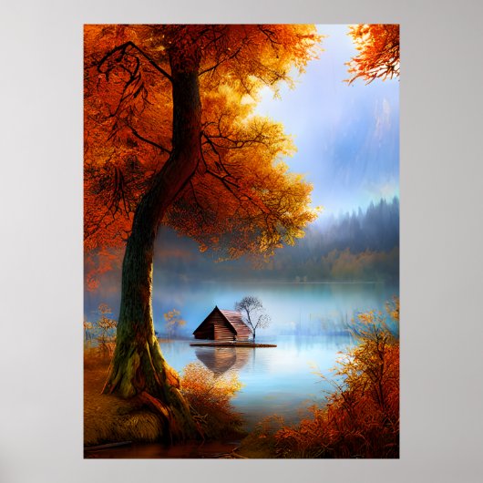 Klassischer Herbst - eine Hütte mit Bäumen am See, Poster (Vorne)