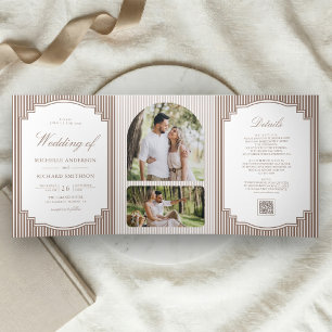 Klassischer Hochzeitscode mit braun gestreiftem QR Dreifach Gefaltete Einladung