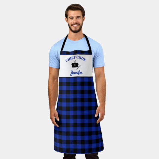 Klassischer Karierter Koch in Blau und Schwarz Buf Schürze (Getragen)
