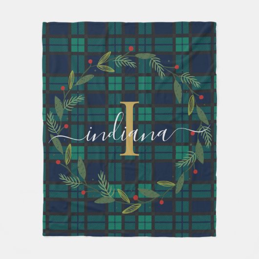 Klassischer karierter Monogramm-Weihnachtskranz Ta Fleecedecke (Vorderseite)