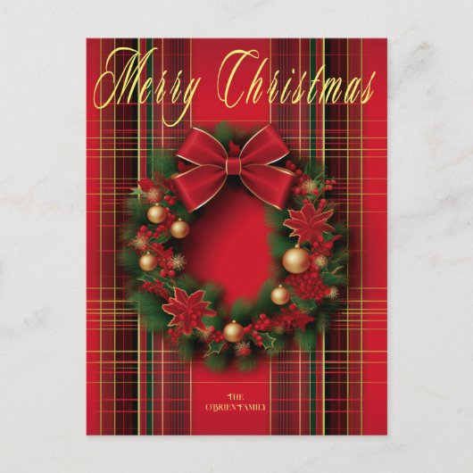 Klassischer Karierter Weihnachtskranz Postkarte (Vorderseite)