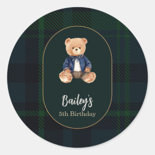 Klassischer Karo-Kleiner-Bär-Geburtstag Runder Aufkleber