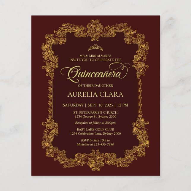 Klassischer Klassiker Roter Gold Quinceanera (Vorderseite)