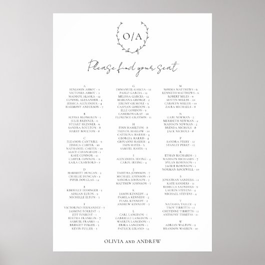 Klassischer Kranz-Monogramm-Hochzeits-Sitzplan Poster (Vorne)
