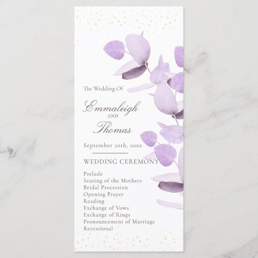 Klassischer Lavendel-Eukalyptus-Glitzer Hochzeit Programm (Vorderseite)
