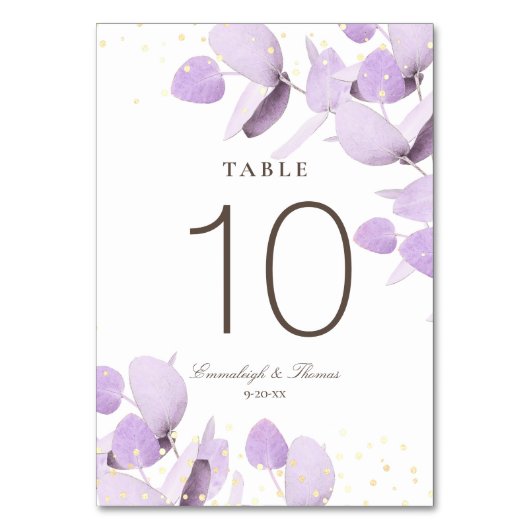 Klassischer Lavendel-Eukalyptus-Glitzer-Hochzeitst Tischnummer (Rückseite)