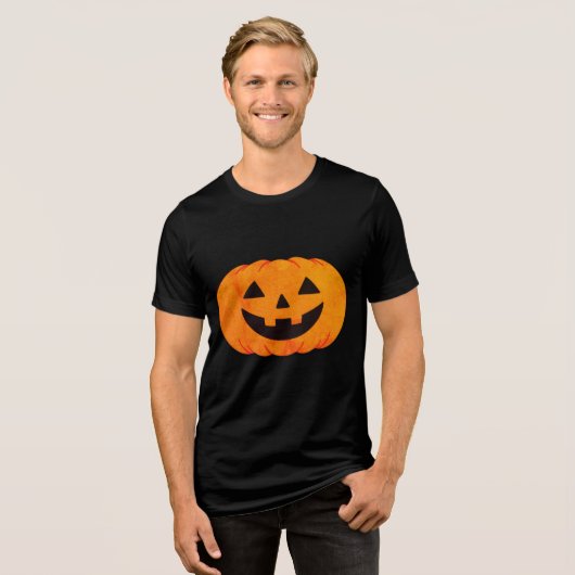 Klassischer leuchtender Jack-O'-Lantern-Kürbis Hal Tri-Blend Shirt (Vorderseite voll)