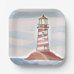 Klassischer Leuchtturm   Ozean-Küsten-Aquarell Pappteller