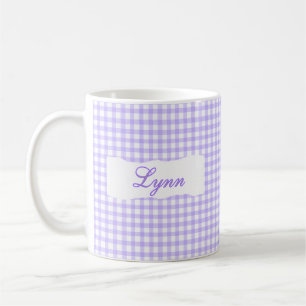 Klassischer lila Gingham mit personalisiertem Name Kaffeetasse