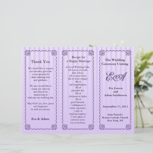 Klassischer Lila Streifen für das Hochzeitsprogram (Stehend Vorderseite)