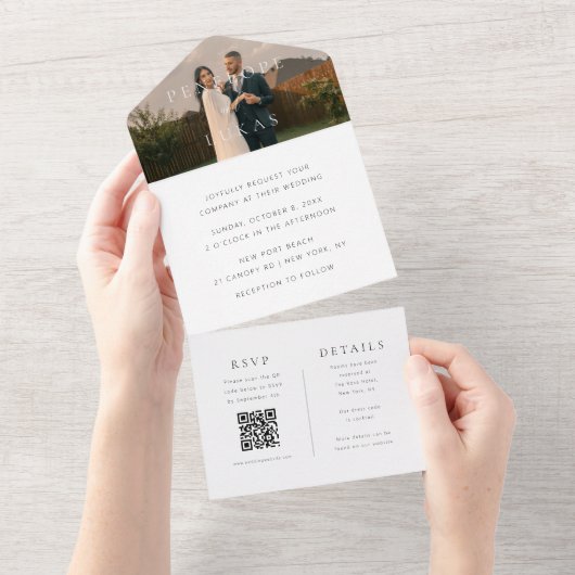 Klassischer Minimal Foto QR Code Hochzeit All In One Einladung (Abreißen)