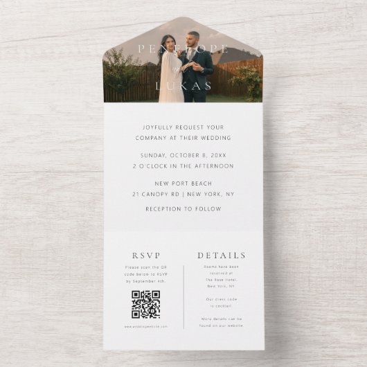 Klassischer Minimal Foto QR Code Hochzeit All In One Einladung (Innen Boden)