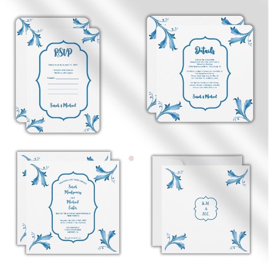 Klassischer minimalistischer blauer Blattfliesen-S Save The Date